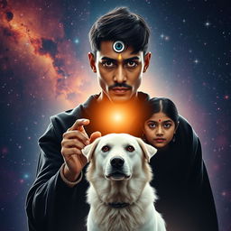 A cinematic magical film poster featuring a 27-year-old Indian man with very short hair and a dark complexion, characterized by completely black eyes