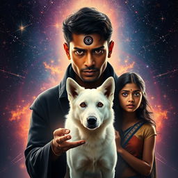 A cinematic magical film poster featuring a 27-year-old Indian man with very short hair and a dark complexion, characterized by completely black eyes