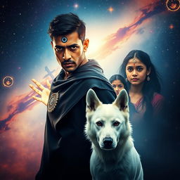 A cinematic magical film poster featuring a 27-year-old Indian man with very short hair and a dark complexion, characterized by completely black eyes