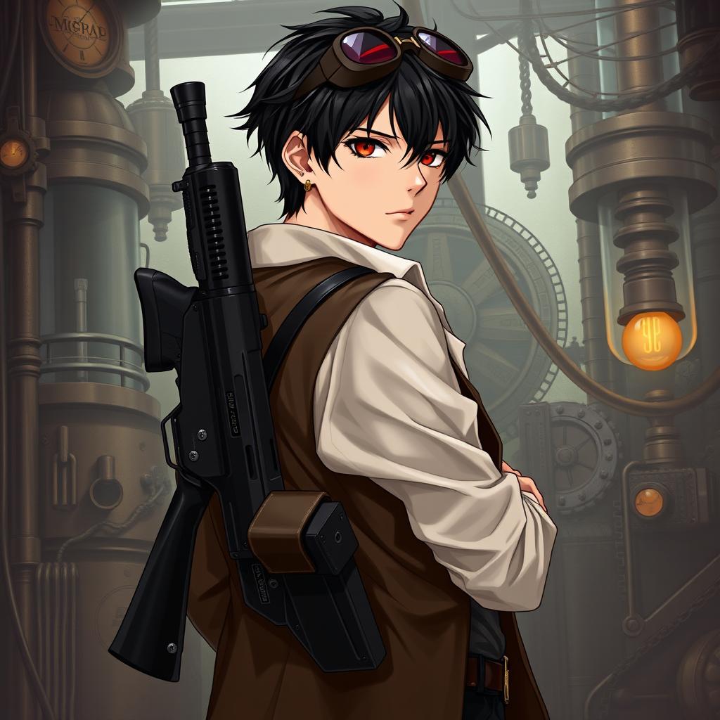 A realistic male character in a Dungeons & Dragons themed steampunk setting, characterized by short black hair and deep dark red eyes