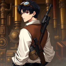 A realistic male character in a Dungeons & Dragons themed steampunk setting, characterized by short black hair and deep dark red eyes