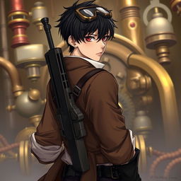 A realistic male character in a Dungeons & Dragons themed steampunk setting, characterized by short black hair and deep dark red eyes