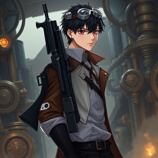 A realistic male character in a Dungeons & Dragons themed steampunk setting, characterized by short black hair and deep dark red eyes