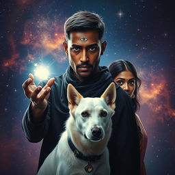 A cinematic magical film poster featuring a 27-year-old Indian man with very short hair and a dark complexion, characterized by completely black eyes