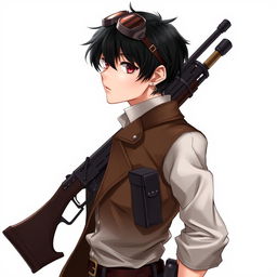 A highly detailed male character in a steampunk Dungeons & Dragons environment, featuring short black hair and deep dark red eyes