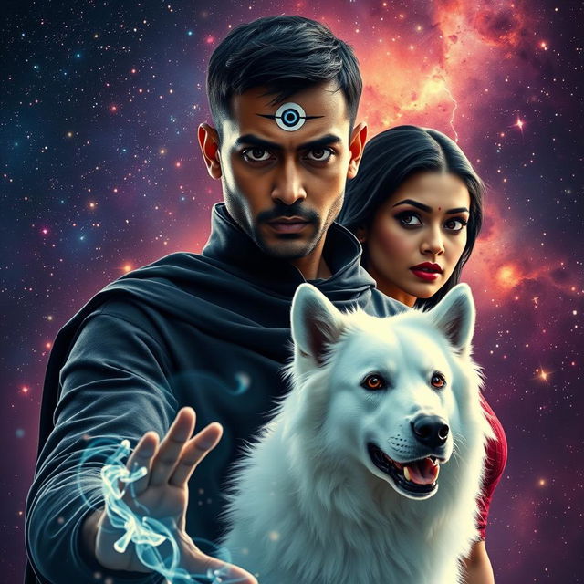 A cinematic magical film poster featuring a 27-year-old Indian man with very short hair and a dark complexion, characterized by completely black eyes