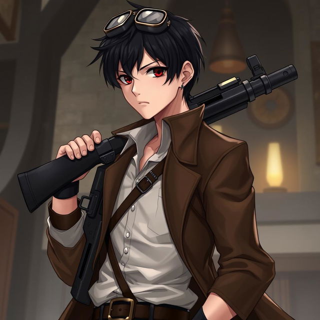 A highly detailed male character in a steampunk Dungeons & Dragons environment, featuring short black hair and deep dark red eyes