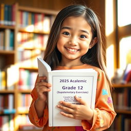 A beautiful, cute, and lovely setting featuring a young girl with an enchanting smile, holding a thick book titled '2024-2025 Academic Year Grade 12 [English] Supplementary Exercises Compiled by Saya Aung [B