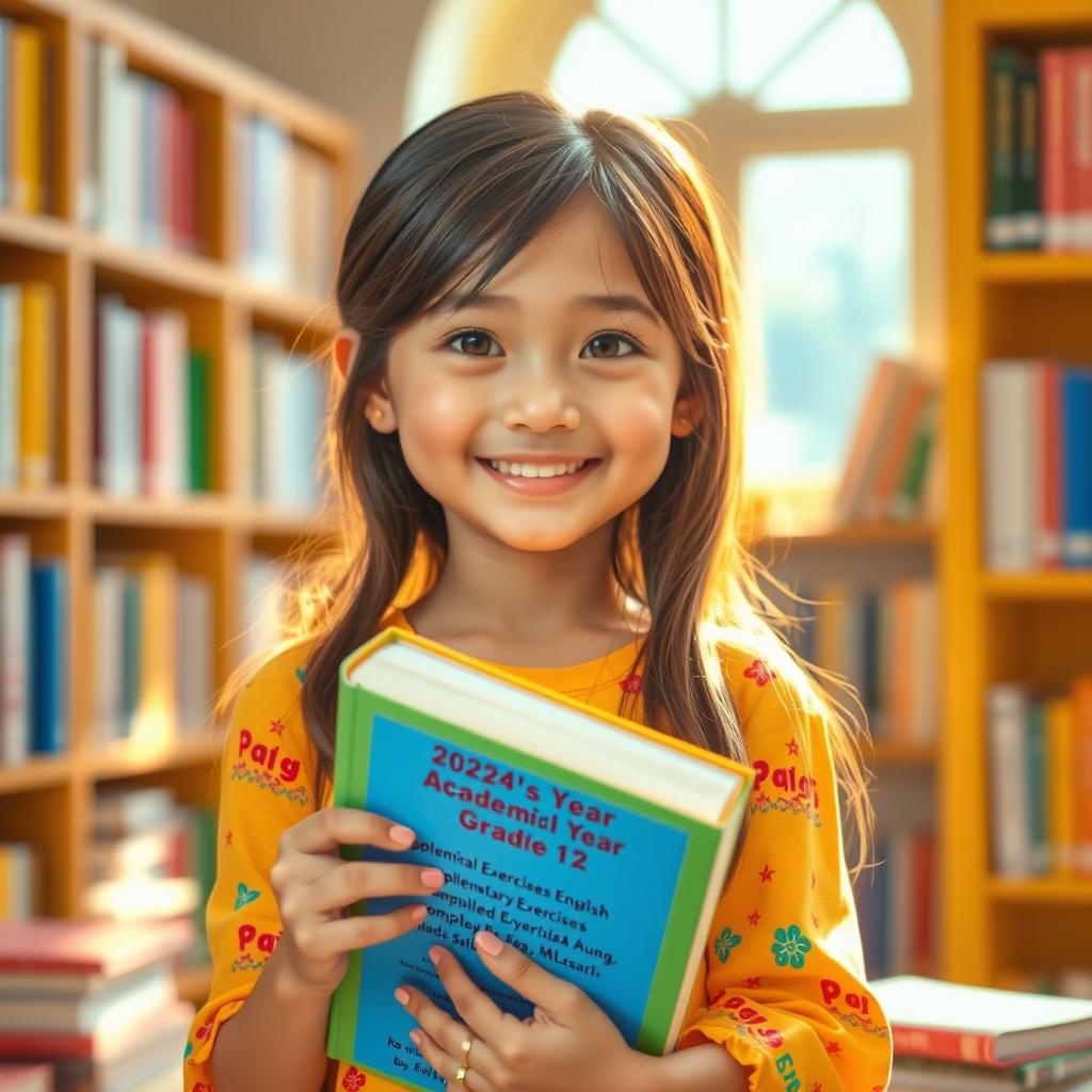 A beautiful, cute, and lovely setting featuring a young girl with an enchanting smile, holding a thick book titled '2024-2025 Academic Year Grade 12 [English] Supplementary Exercises Compiled by Saya Aung [B