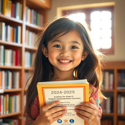 A beautiful, cute, and lovely setting featuring a young girl with an enchanting smile, holding a thick book titled '2024-2025 Academic Year Grade 12 [English] Supplementary Exercises Compiled by Saya Aung [B