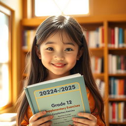 A beautiful, cute, and lovely setting featuring a young girl with an enchanting smile, holding a thick book titled '2024-2025 Academic Year Grade 12 [English] Supplementary Exercises Compiled by Saya Aung [B