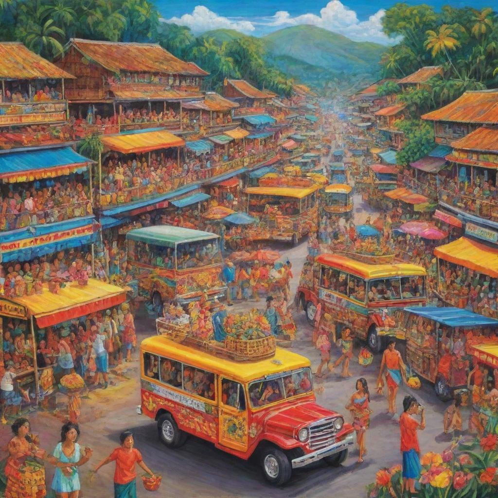 Colorful depiction of typical Filipino culture and traditions, with elements of the vibrant fiesta festivals, jeepneys, karaoke, native attire, exotic food, and tropical landscapes.