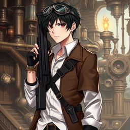 A highly detailed male character in a Dungeons & Dragons themed steampunk setting, featuring short black hair and intense dark red eyes