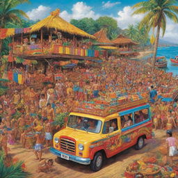 Colorful depiction of typical Filipino culture and traditions, with elements of the vibrant fiesta festivals, jeepneys, karaoke, native attire, exotic food, and tropical landscapes.