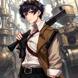 A highly detailed male character in a Dungeons & Dragons themed steampunk setting, featuring short black hair and intense dark red eyes