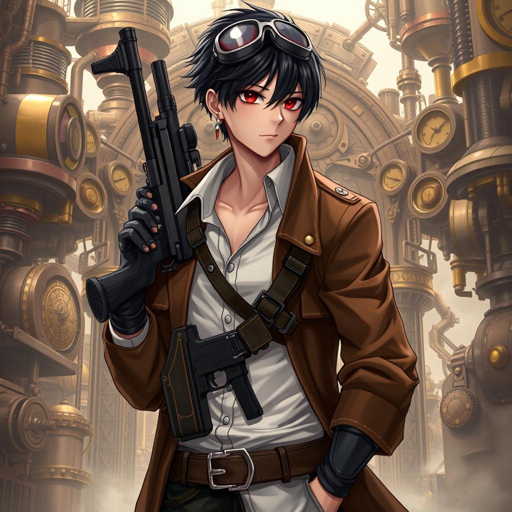 A highly detailed male character in a Dungeons & Dragons themed steampunk setting, featuring short black hair and intense dark red eyes