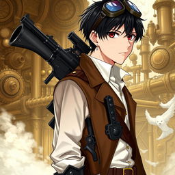 A highly detailed male character in a Dungeons & Dragons themed steampunk setting, featuring short black hair and intense dark red eyes