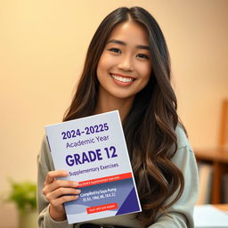 A beautiful, cute, and lovely twenty-year-old woman with stylish long hair, wearing a fashionable outfit, smiles as she holds a book titled "2024-2025 Academic Year Grade 12 [English] Supplementary Exercises Compiled by Saya Aung [B