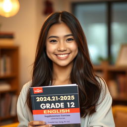 A beautiful, cute, and lovely twenty-year-old woman with stylish long hair, wearing a fashionable outfit, smiles as she holds a book titled "2024-2025 Academic Year Grade 12 [English] Supplementary Exercises Compiled by Saya Aung [B