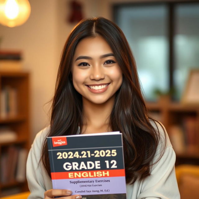 A beautiful, cute, and lovely twenty-year-old woman with stylish long hair, wearing a fashionable outfit, smiles as she holds a book titled "2024-2025 Academic Year Grade 12 [English] Supplementary Exercises Compiled by Saya Aung [B