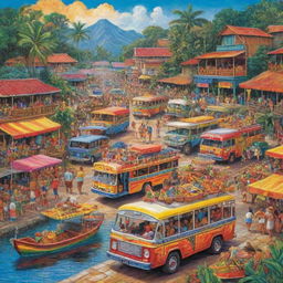 Colorful depiction of typical Filipino culture and traditions, with elements of the vibrant fiesta festivals, jeepneys, karaoke, native attire, exotic food, and tropical landscapes.