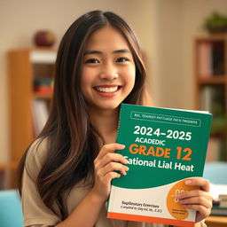 A beautiful, cute, and lovely twenty-year-old woman with stylish long hair, wearing a fashionable outfit, smiles as she holds a book titled "2024-2025 Academic Year Grade 12 [English] Supplementary Exercises Compiled by Saya Aung [B