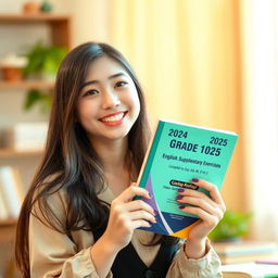 A beautiful, cute, and lovely twenty-year-old woman with stylish long hair, wearing a fashionable outfit, smiles as she holds a book titled "2024-2025 Academic Year Grade 12 [English] Supplementary Exercises Compiled by Saya Aung [B