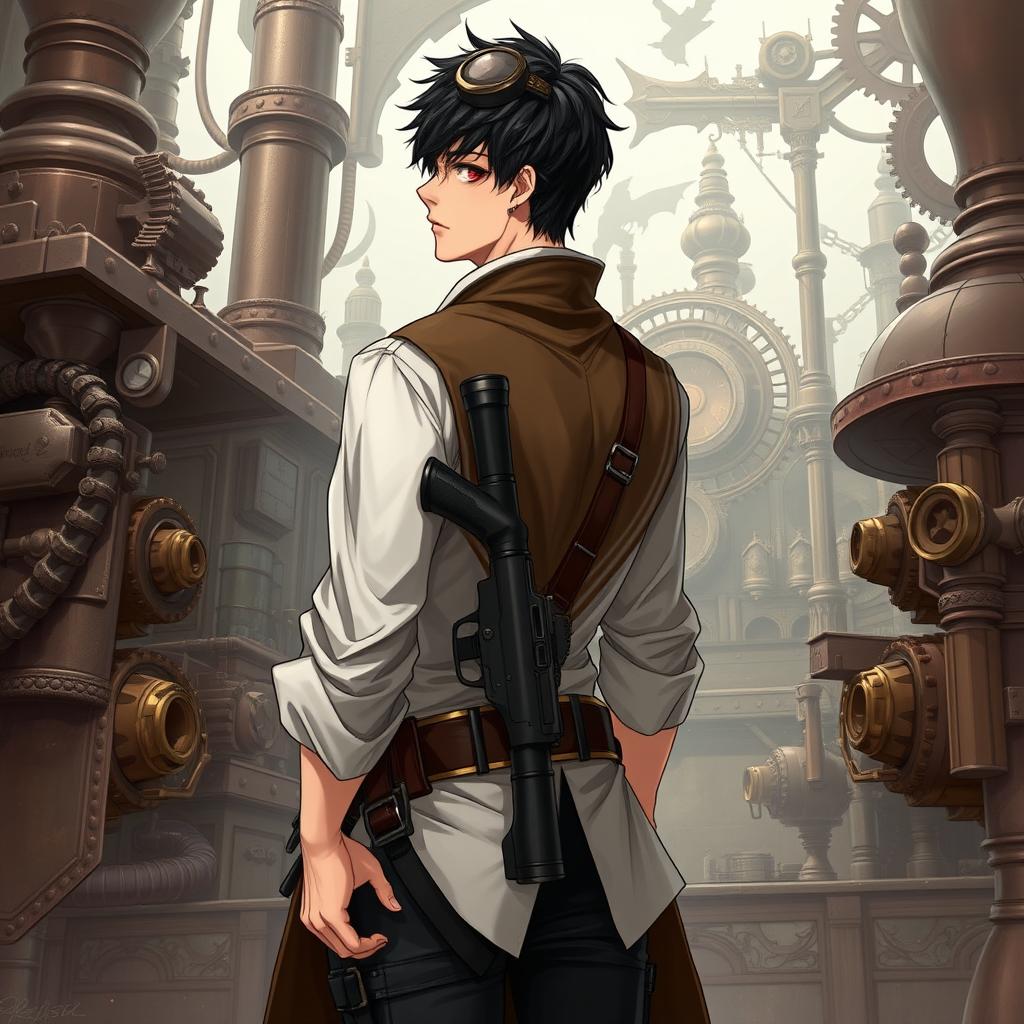 A realistic male character set in a Dungeons & Dragons inspired steampunk universe, featuring short black hair and striking dark red eyes