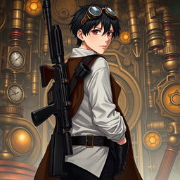 A realistic male character set in a Dungeons & Dragons inspired steampunk universe, featuring short black hair and striking dark red eyes