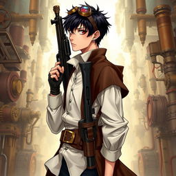 A realistic male character set in a Dungeons & Dragons inspired steampunk universe, featuring short black hair and striking dark red eyes