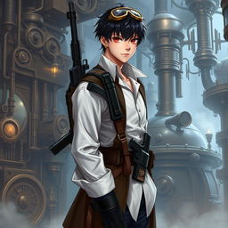 A realistic male character set in a Dungeons & Dragons inspired steampunk universe, featuring short black hair and striking dark red eyes