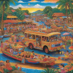 Colorful depiction of typical Filipino culture and traditions, with elements of the vibrant fiesta festivals, jeepneys, karaoke, native attire, exotic food, and tropical landscapes.