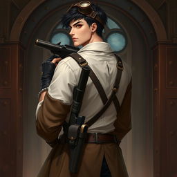 A realistic male character set in a steampunk Dungeons & Dragons universe, featuring short black hair and intense dark red eyes