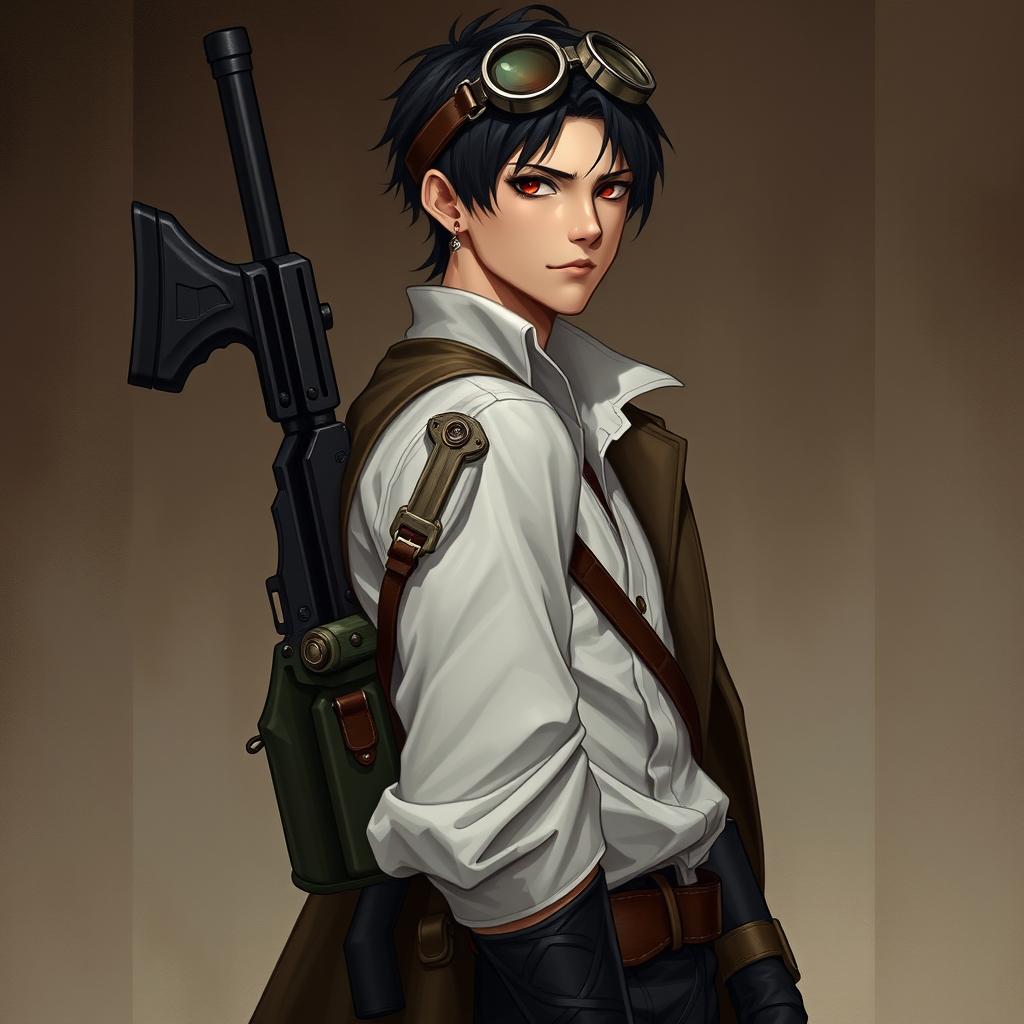 A realistic male character set in a steampunk Dungeons & Dragons universe, featuring short black hair and intense dark red eyes