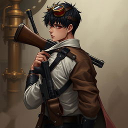 A realistic male character set in a steampunk Dungeons & Dragons universe, featuring short black hair and intense dark red eyes