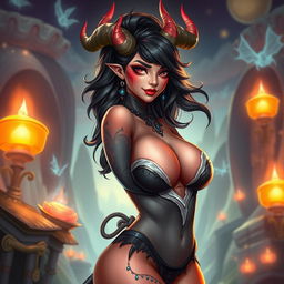 An attractive Oni woman with a curvy figure, embodying a hot and sexy charm