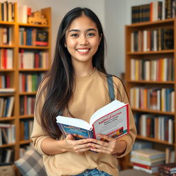 A beautiful, attractive, and cute twenty-year-old girl with long flowing hair, wearing casual yet stylish clothing