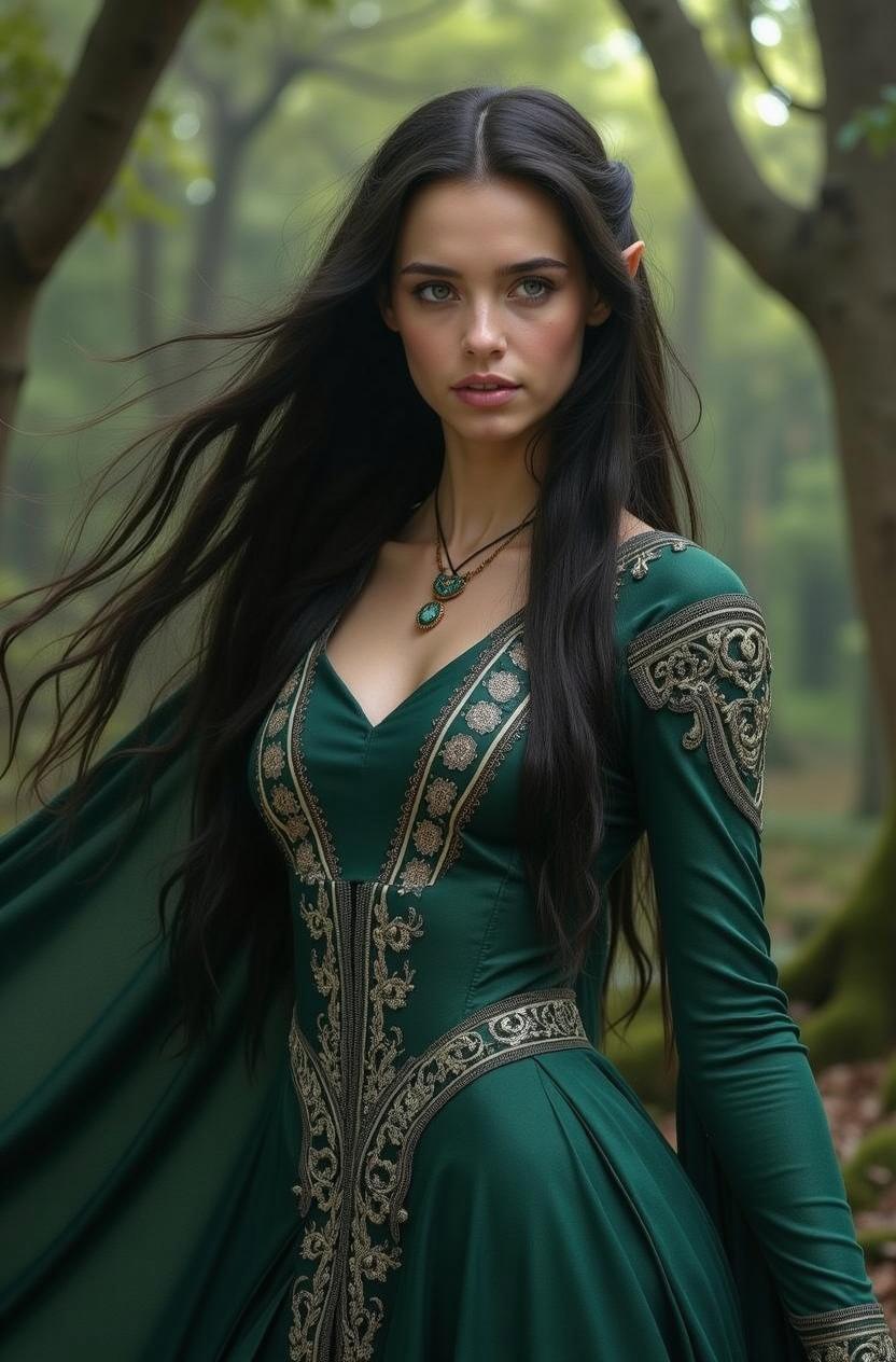 A close-up portrait of a beautiful elf woman, reminiscent of a fantasy character, dressed in an elegant emerald green gown with intricate golden embroidery