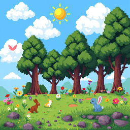 A vibrant pixel art scene featuring a whimsical forest with towering trees, colorful flowers, and cute pixelated animals such as rabbits and birds