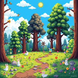 A vibrant pixel art scene featuring a whimsical forest with towering trees, colorful flowers, and cute pixelated animals such as rabbits and birds