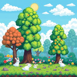 A vibrant pixel art scene featuring a whimsical forest with towering trees, colorful flowers, and cute pixelated animals such as rabbits and birds