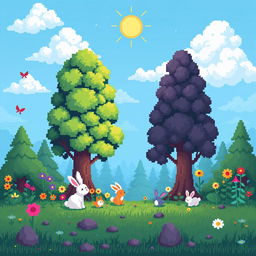 A vibrant pixel art scene featuring a whimsical forest with towering trees, colorful flowers, and cute pixelated animals such as rabbits and birds