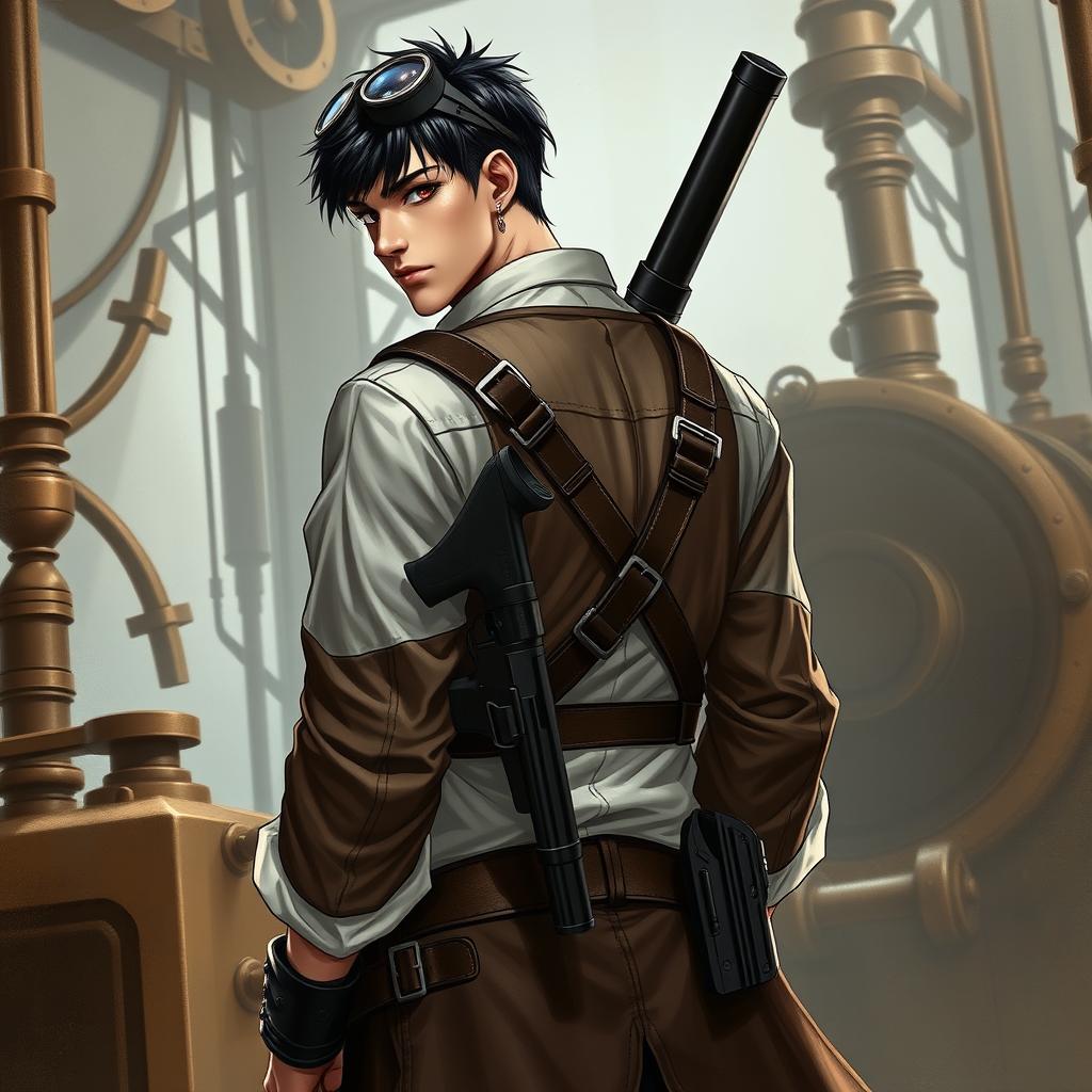 A realistic male character facing the camera in a Dungeons & Dragons inspired steampunk setting