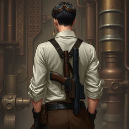 A realistic male character facing the camera in a Dungeons & Dragons inspired steampunk setting