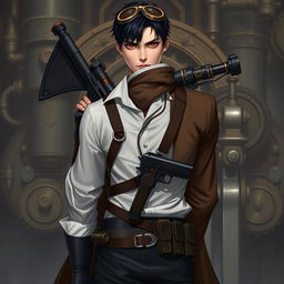 A realistic male character facing the camera in a Dungeons & Dragons inspired steampunk setting