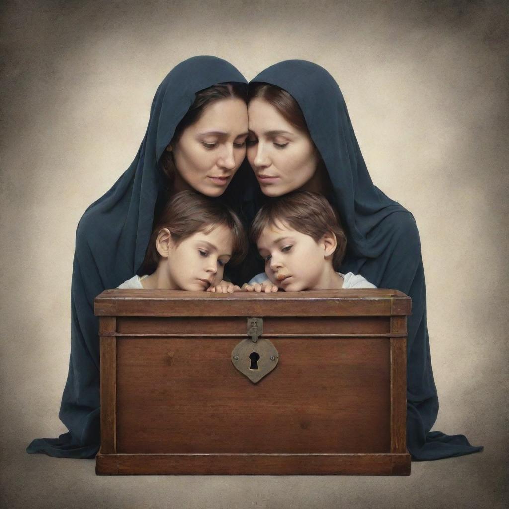 An artistic illustration showcasing the concept of family secrets. Depict a mysterious family, their emotions veiled, with a locked chest symbolizing hidden secrets in the background.