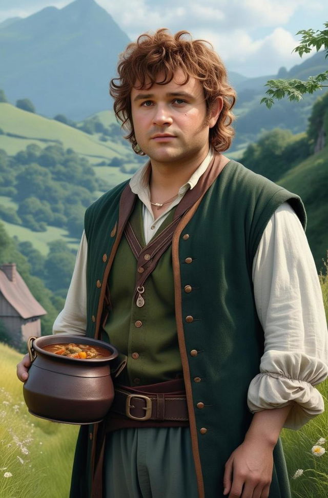 A fantasy character resembling a hobbit in a lush green landscape, wearing a green vest, cream shirt, and brown trousers