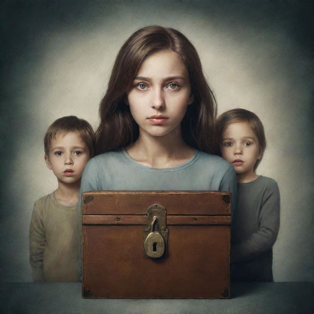 An artistic illustration showcasing the concept of family secrets. Depict a mysterious family, their emotions veiled, with a locked chest symbolizing hidden secrets in the background.