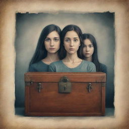 An artistic illustration showcasing the concept of family secrets. Depict a mysterious family, their emotions veiled, with a locked chest symbolizing hidden secrets in the background.