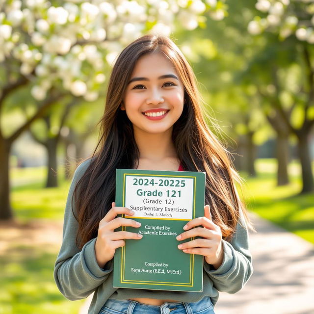 A beautiful, attractive twenty-year-old woman with long, flowing hair and a warm smile, holding a book titled '2024-2025 Academic Year Grade 12 [English] Supplementary Exercises Compiled by Saya Aung [B